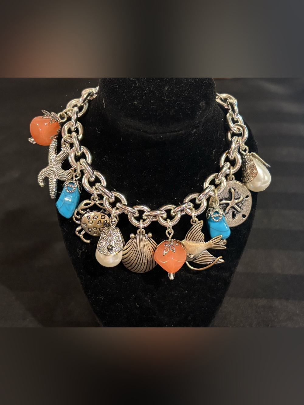 Avon Silver Beach Charm Necklace with Coral & Turquoise Accents